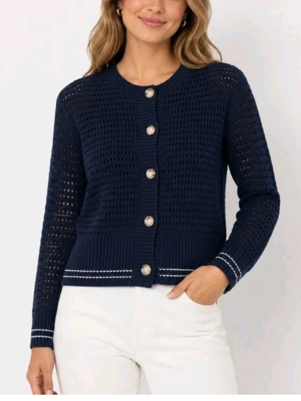Magaschoni Navy Open-Knit Button Cardigan Sweater Size Medium NWT